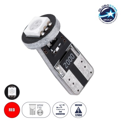 GloboStar® T10 W5W 71740 Λάμπα Αυτοκίνητου LED  2rd Generation Can-Bus Series 1xSMD5050 1.5W 120lm 120° DC 12-16V IP20 Φ1 x H2.2cm Κόκκινο
