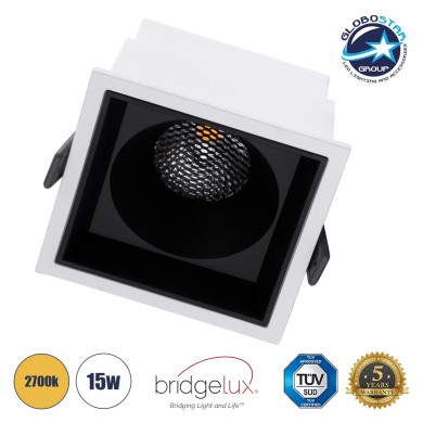 GLOBOSTAR® PLUTO-B 60277 Χωνευτό Downlight Σποτ με Honeycomb Anti Glare Reflector LED 15W 1875lm 38° AC 220-240V IP20 Θερμό Λευκό 2700K - Bridgelux COB Chip & TÜV SÜD Driver - Λευκό & Μαύρο Ματ - Μ10.4 x Π10.4 x Υ6.5cm - Q9.5 x 9.5cm - 5 Χρόνια Εγγύηση