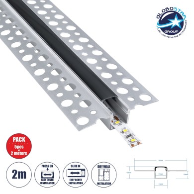 GloboStar® PLASTERBOARD-PROFILE 70839-2M Προφίλ Αλουμινίου - Βάση & Ψύκτρα Ταινίας LED με Μαύρο Φιμέ Κάλυμμα - Χωνευτή Χρήση σε Γυψοσανίδα - Trimless - Πατητό Κάλυμμα - Ασημί - 2 Μέτρα - Πακέτο 5 Τεμαχίων - Μ200 x Π5.6 x Υ1.5cm