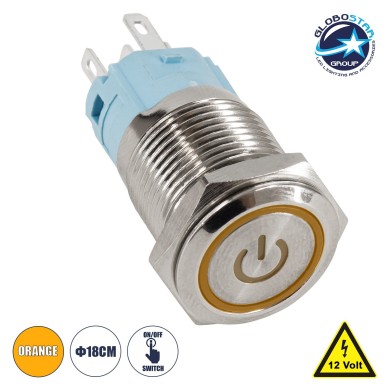 GloboStar® 70784 LED Φωτιζόμενος Διακόπτης Χωνευτός - Μπουτόν On-Off Ανοξείδωτος DC 12V με Angel Eye Αδιάβροχο Φ18mm IP67 Πορτοκαλί