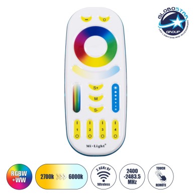 GloboStar® 73434 FUT092 Mi-Light Ασύρματο Χειριστήριο Αφής RF 2.4Ghz 4 Group για όλα τα RGBW+WW Mi-BOXER Controller DC 3V 2 x AAA - IP20 Λευκό - Μ13.7 x Π5.5 x Υ2cm - 5 Years Warranty