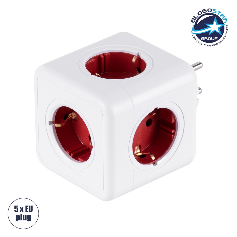 GLOBOSTAR® POWERCUBE 79628 Πολύπριζο 5 Θέσεων με 5 x EU Schuko Πρίζες Ασφαλείας Childproof AC 220-240V 3680W-16A Max Load IP20 - Λευκό & Κόκκινο - Μ7.5 x Π11.5 x Υ7.5cm