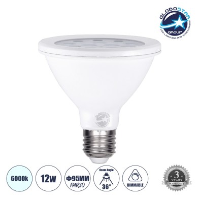 GLOBOSTAR® SPOTPAR 60084 Σποτ E27 PAR30 LED 12W 1200lm 36° AC 220-240V IP20 Ψυχρό Λευκό 6000K - Μ9.5 x Π9.5 x Υ9.5cm - 3 Χρόνια Εγγύηση