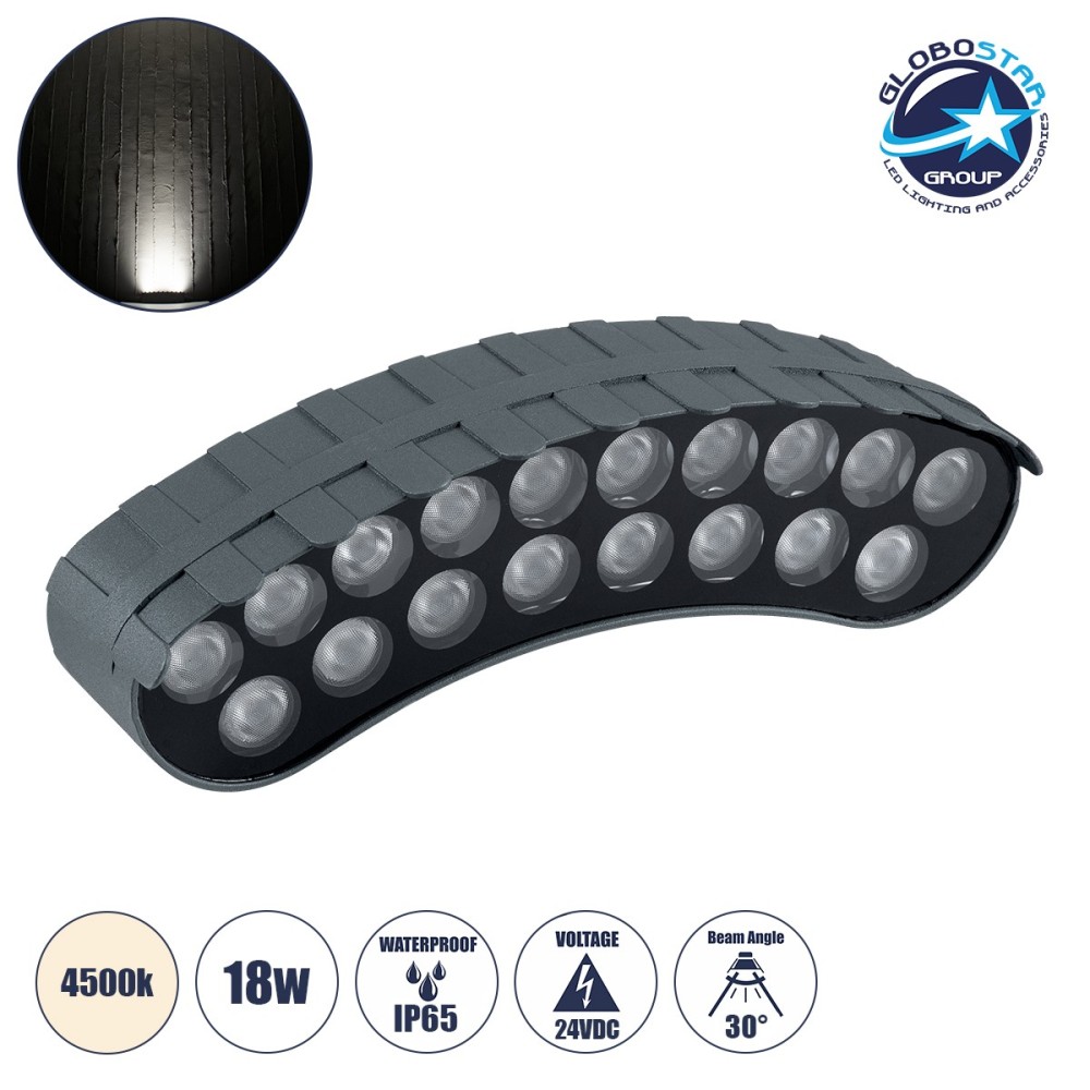 GloboStar® TREELIGHT-KINA 90685 Κυρτή Μπάρα Φωτισμού Wall Washer με Αντιθαμβωτική Γρίλια Ειδική για Φυτά - Δέντρα LED 18W 1710lm 30° DC 24V Αδιάβροχο IP65 Μ25 x Π6.5 x Υ6cm Φυσικό Λευκό 4500K - Γκρι Ανθρακί - 3 Years Warranty