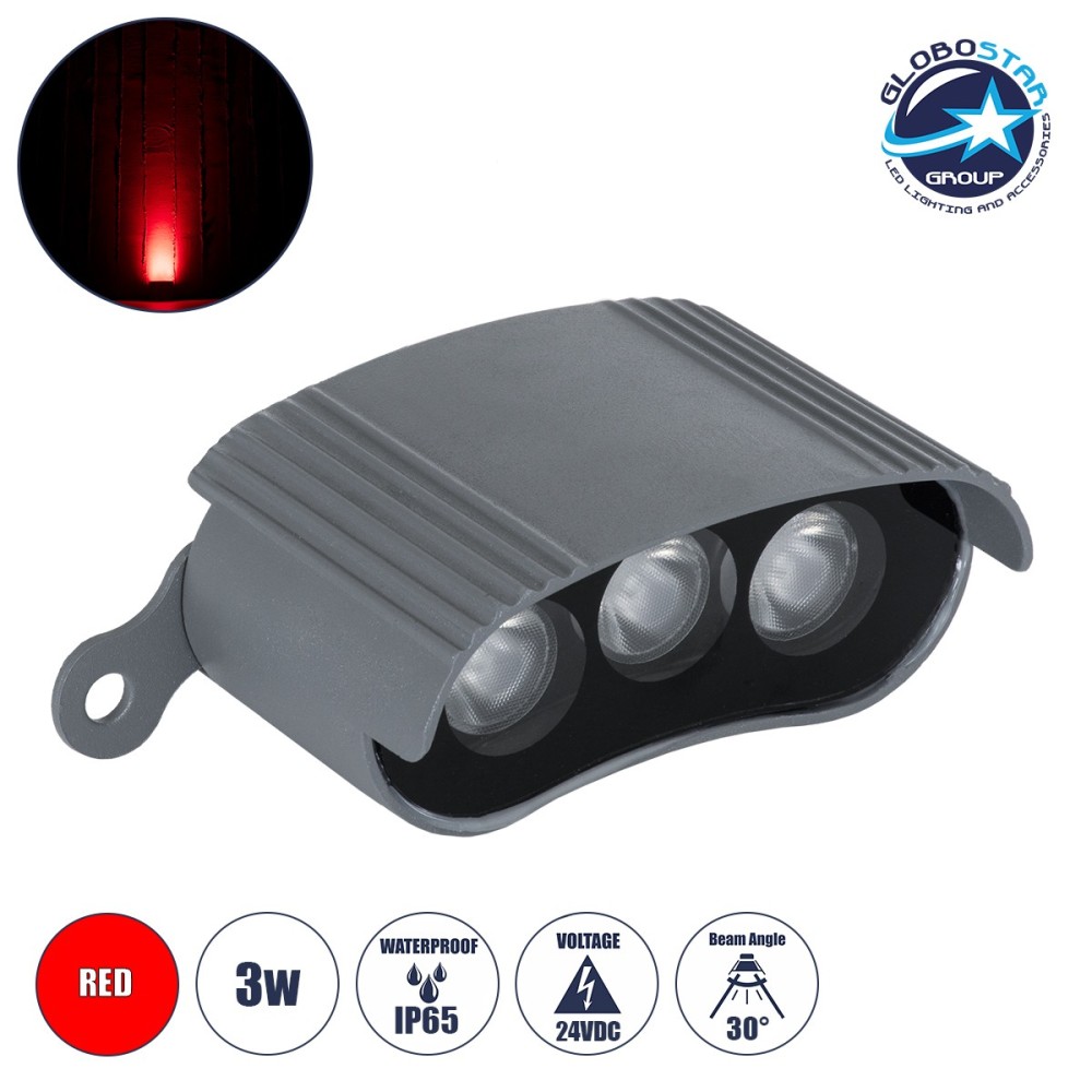 GLOBOSTAR® TREELIGHT-ZINA S-90998 Κυρτή Μπάρα Φωτισμού Wall Washer για Φυτά - Δέντρα LED 3W 240lm 30° DC 24V Αδιάβροχο IP65 Κόκκινο Dimmable - Γκρι Ανθρακί - Μ9 x Π6.5 x Υ4cm - 3 Χρόνια Εγγύηση