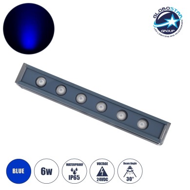 GLOBOSTAR® WASHERVAIA 90182 Μπάρα Φωτισμού Wall Washer LED 6W 510lm 30° DC 24V Αδιάβροχο IP65 Μπλε Dimmable - Bridgelux SMD Chip - Γκρι Ανθρακί - Μ30 x Π4 x Υ5cm - 3 Χρόνια Εγγύηση