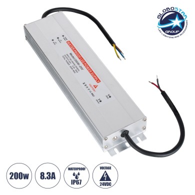 GloboStar® 73064 Μεταλλικό Τροφοδοτικό SELV για Προϊόντα LED 200W 8.3A - AC 220-240V σε DC 24V - Αδιάβροχο IP67 Μ25.5 x Π6.5 x Υ3cm - 3 Years Warranty