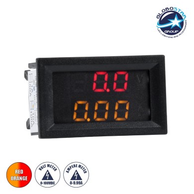GLOBOSTAR® VOLTAMPERE 79988 Ψηφιακό Όργανο Μέτρησης Τάσης Βολτόμετρο από DC 0 έως 100V & Αμπερόμετρο από 0 έως 9.99A με Οθόνη LED IP20 Κόκκινο & Πορτοκαλί - Μ5 x Π1.5 x Υ3cm - 2 Χρόνια Εγγύηση