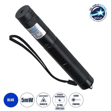 GloboStar® 78998 Φορητό Επαναφορτιζόμενο Laser Pointer 5mW Class 3 DOT Zoom με Extra Κεφαλή για Dot Effects με Μπαταρία 18650 Li-ion 4800mAh & Φορτιστή - UV 405nm Φ2.2 x Υ15cm