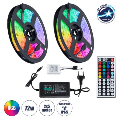 GloboStar 70418 Σετ Ταινία LED RGB SMD 5050 10m (2x5M) 7.2W-m 30LED-m 576 lm-m 120° DC 12V με Τροφοδοτικό & Ασύρματο Τηλεχειριστήριο Αδιάβροχη IP65