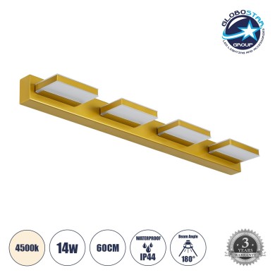GLOBOSTAR® KARLA 60457 Μοντέρνο Φωτιστικό Τοίχου - Απλίκα Καθρέπτη Μπάνιου LED 14W 1600lm 180° AC 220-240V IP44 Φυσικό Λευκό 4500K - Lumileds SMD Chip & TÜV SÜD Driver - Χρυσό - Μ60 x Π9 x Υ5cm - 3 Χρόνια Εγγύηση