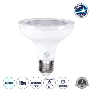 GLOBOSTAR® BEAMPAR 60093 Σποτ E27 PAR30 LED 15W 1500lm 12° AC 220-240V IP20 Ψυχρό Λευκό 6000K Dimmable - Μ9.5 x Π9.5 x Υ9.5cm - 3 Χρόνια Εγγύηση