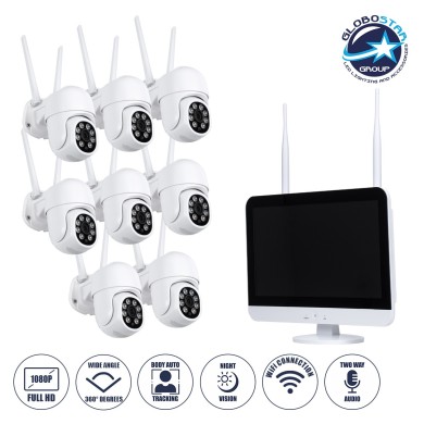 GloboStar® 86042 Ασύρματο Καταγραφικό με Οθόνη - 8 x Camera 2MP 1080P WiFi  360° Μοιρών - Αδιάβροχο IP66 - Νυχτερινή Όραση με LED IR - Διπλή Κατέυθυνση Ομιλίας - Ανιχνευτή Κίνησης - Νυχτερινή Λήψη - Λευκό