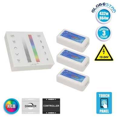 Ασύρματος LED RGB Controller με Χειριστήριο Τοίχου Αφής 2.4G RF 12v (432w) - 24v (864w) DC για Τρία Group GloboStar 04053