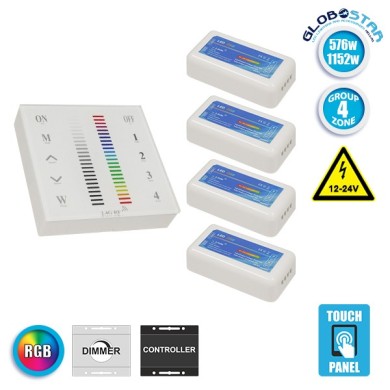 Ασύρματος LED RGB Controller με Χειριστήριο Τοίχου Αφής 2.4G RF 12v (576w) - 24v (1152w) DC για Τέσσερα Group GloboStar 04054