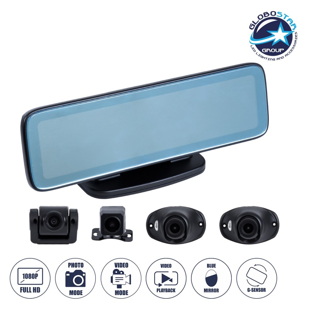 GloboStar® 86058 Καθρέπτης Αυτοκινήτου Android 9.0 360° με 4 Κάμερες SD Card Slot - RAM2GB+ROM32GB - FM Transmitter -  Νυχτερινή Όραση - με Parking Lines - Μαύρο
