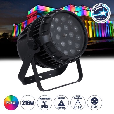 GloboStar® 51114 MINOTAUR Επαγγελματική Κεφαλή PAR DMX512 216W AC 220V-240V 4in1 BEAM - WASH - SPOT - ZOOM 8° - 60° OSRAM LED Αδιάβροχη IP65 RGBW - Μαύρο - L24.8 x W28 x H37cm