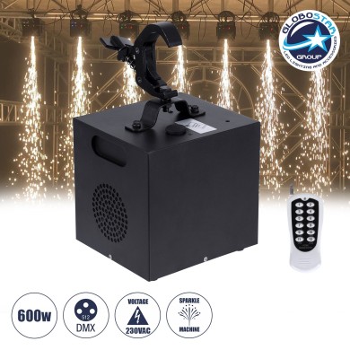 GloboStar® 51131 SIRENS Επαγγελματική Κρεμαστή Μηχανή Cold Sparkle Machine - Fountain Εφέ με Άκαυστες Σπίθες 600W AC 220V-240V DMX512 Display on Body & Ασύρματο Χειριστήριο - Μαύρο - L20 x W18 x H34cm