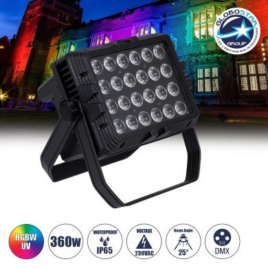 GloboStar® 51175 HARPIES Επαγγελματική Κεφαλή PAR DMX512 360W AC 220V-240V 4in1 - SPOT 25° OSRAM LED Αδιάβροχη IP65 RGBW+UV - Μαύρο - L34 x W21 x H34cm