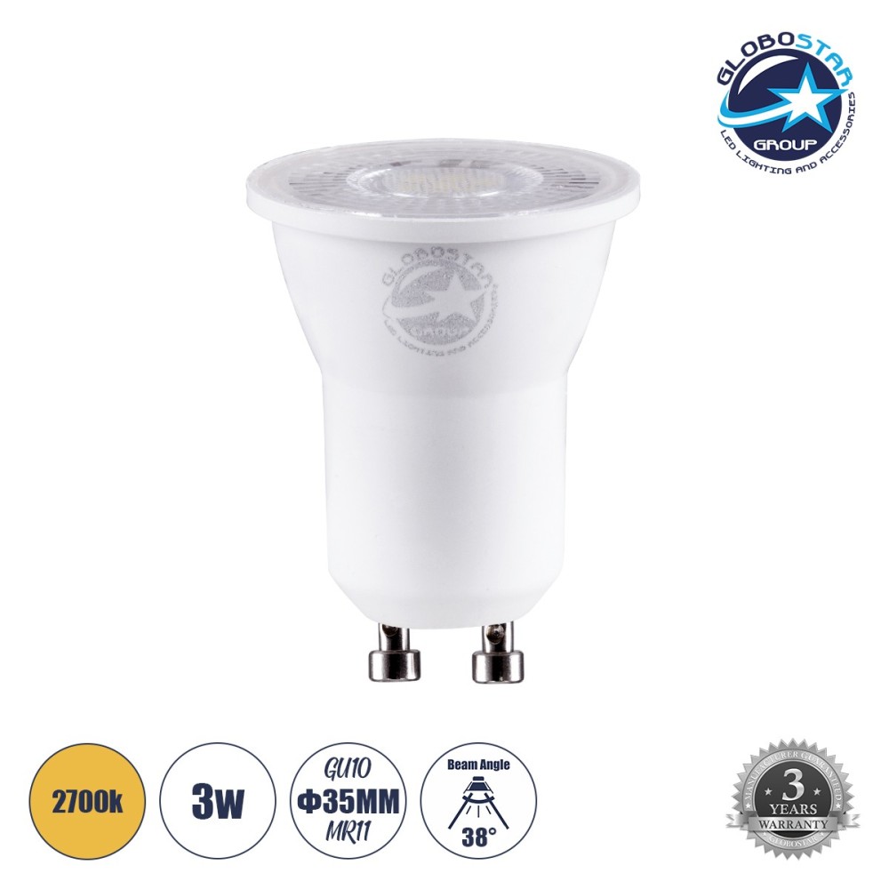 GLOBOSTAR® TINO 60113 Σποτ GU10 MR11 LED 3W 300lm 38° AC 220-240V IP20 Θερμό Λευκό 2700K - Bridgelux SMD Chip - Μ3.5 x Π3.5 x Υ4cm - 3 Χρόνια Εγγύηση