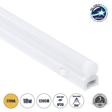 GloboStar® TUBO 60792 Γραμμικό Φωτιστικό Οροφής Linear LED Τύπου T5 Επεκτεινόμενο 18W 1728lm 180° AC 220-240V IP20 Πάγκου Κουζίνας με Διακόπτη On-Off Μ120 x Π2.2 x Υ3.5cm Θερμό Λευκό 2700K - Λευκό - 3 Years Warranty