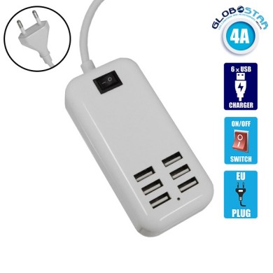 Φορτιστής USB 6 Θέσεων με ON - OFF Διακόπτη 4A 20 Watt 5V DC Λευκός GloboStar 69998