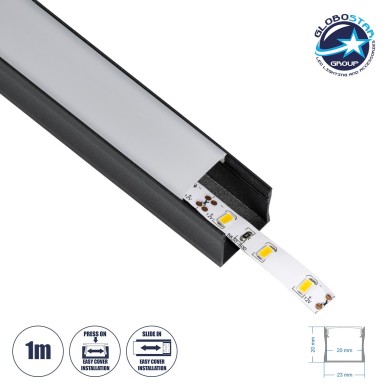 GloboStar® SURFACE-PROFILE 70869-1M Προφίλ Αλουμινίου - Βάση & Ψύκτρα Ταινίας LED με Λευκό Γαλακτερό Κάλυμμα - Επιφανειακή Χρήση - Πατητό Κάλυμμα - Μαύρο - 1 Μέτρο - Μ100 x Π2.3 x Υ2cm