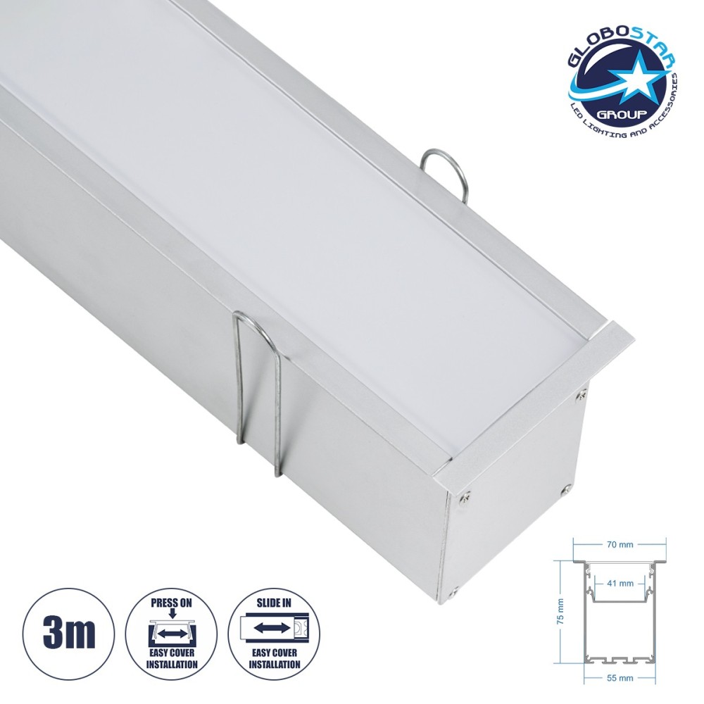 GloboStar® RECESS-PROFILE 70829-3M Προφίλ Αλουμινίου - Βάση & Ψύκτρα Ταινίας LED με Λευκό Γαλακτερό Κάλυμμα - Χωνευτή Χρήση - Πατητό Κάλυμμα - Ασημί - 3 Μέτρα - Μ300 x Π7.5 x Υ7cm