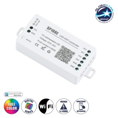 GloboStar® 73409 SP108E Ασύρματος WiFi LED FULL COLOR Magic Digital Pixel Controller iOS-Android για LED Digital Πολύχρωμα και Μονόχρωμα Προϊόντα DC 5-24V 1 x 2048 IC Max