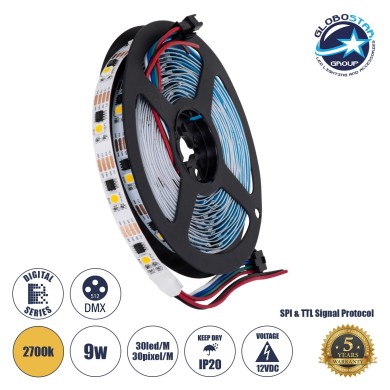 GLOBOSTAR® DIGIPRO 90598 Ψηφιακή Pixel Addressable Ταινία LED 9W-m 810lm-m 120° DC 12V IP20 30 x SMD5050 Chip-m 30 x Pixel-m Θερμό Λευκό 2700K Dimmable SPI-TTL Protocol IC TM1908 - Sanan SMD Chip - Μ500 x Π1 x Υ0.2cm - Ρολό 5 Μέτρων - 5 Χρόνια Εγγύηση