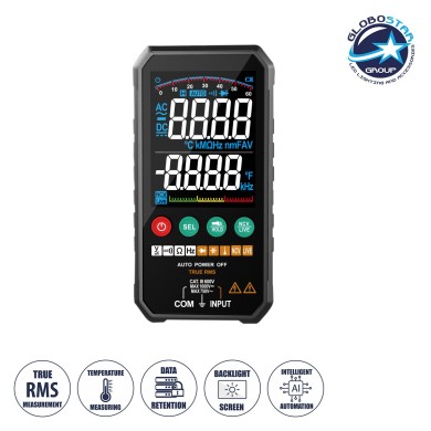 GloboStar® 79976 Ψηφιακό Φορητό Πολύμετρο Data Retantion True RMS Intelligent Automation AI Μπαταρίας 2 x AAA (Δεν Περιλαμβάνονται) με Οπίσθιο Φωτισμό Μετρητής Τάσης AC-DC - Θερμοκρασία - Αμπερόμετρο - Voltmeter - Καπασιτόμετρο - Ohm - Μαύρο