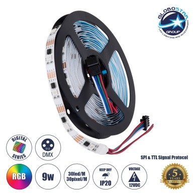 GLOBOSTAR® DIGIPRO 90599 Ψηφιακή Pixel Addressable Ταινία LED 9W-m 540lm-m 120° DC 12V IP20 30 x SMD5050 Chip-m 30 x Pixel-m RGB Dimmable SPI-TTL Protocol IC TM1908 - Sanan SMD Chip - Μ500 x Π1 x Υ0.2cm - Ρολό 5 Μέτρων - 5 Χρόνια Εγγύηση