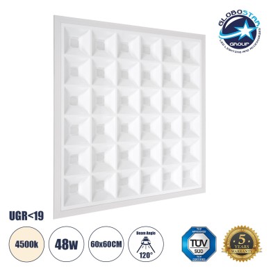 GLOBOSTAR® ZEUS 60969 Χωνευτό Panel Οροφής 60x60 με Anti Glare Reflector LED 48W 7200lm 120° CRI≥85Ra UGR 19 AC 220-240V IP20 Φυσικό Λευκό 4500K - Lumileds SMD Chip & TÜV SÜD Driver - Λευκό Γαλακτερό - Μ60 x Π60 x Υ3.3cm - Q56 x 56cm - 5 Χρόνια Εγγύηση