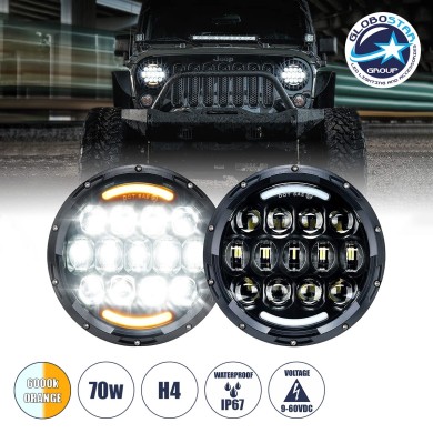 GloboStar® 85415 Σετ 2 x Φανάρια JEEP WRANGLER 6.9' Ιντσών Βασικού Φωτισμού H-L με DRL & Φλας LED CREE CXB COB 70W 7000lm DC 9-60V Αδιάβροχα IP67 Πορτοκαλί & Ψυχρό Λευκό 6000K