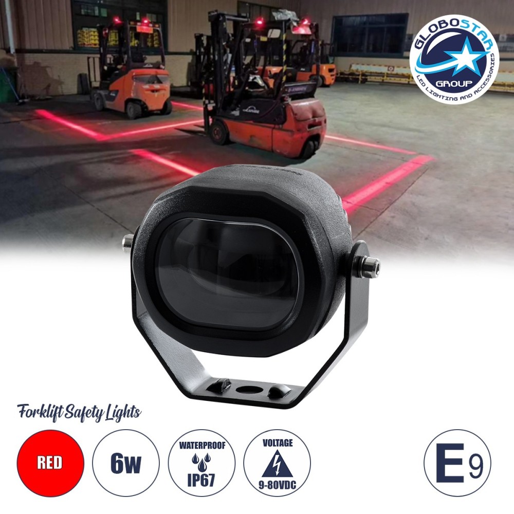 GloboStar® 85426 E9 Mark Forklift Safety Lights - Φώτα Προειδοποίησης & Διαγράμμισης Ασφαλείας για Περονοφόρα - Κλάρκ LED 6W DC 9-80V Αδιάβροχο IP67 Κόκκινο Μ7 x Π8 x Υ5.5cm