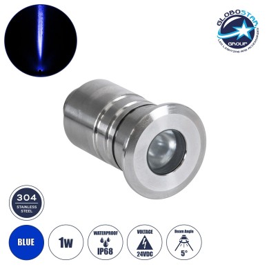 GLOBOSTAR® UNDERWATERDANI 90413 Υποβρύχιο Χωνευτό Σποτ για Σιντριβάνια-Πισίνες LED 1W 80lm 5° DC 24V Αδιάβροχο IP68 Μπλε Dimmable - Bridgelux SMD Chip - Ανοξείδωτο Ατσάλι 304 - Μ3 x Π3 x Υ5cm - Q2.5cm - 3 Χρόνια Εγγύηση