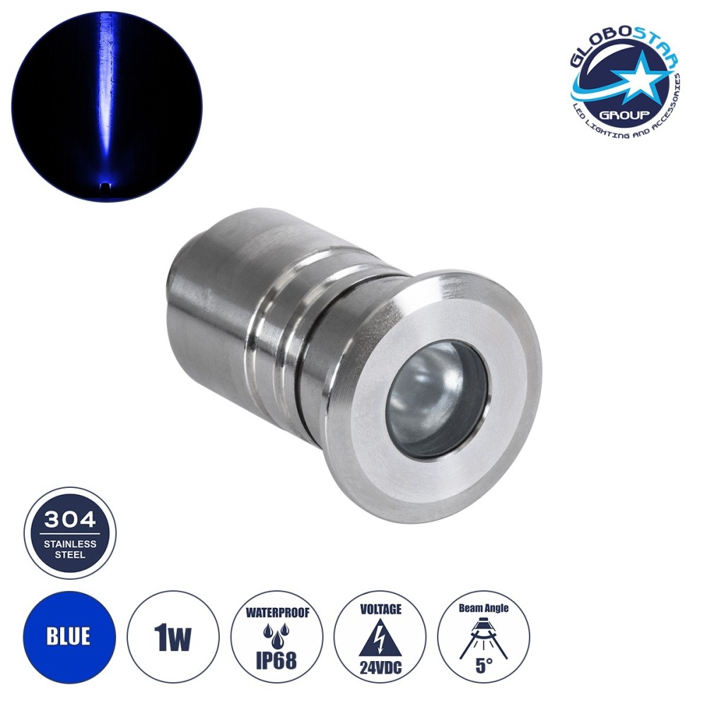 GLOBOSTAR® UNDERWATERDANI 90413 Υποβρύχιο Χωνευτό Σποτ για Σιντριβάνια-Πισίνες LED 1W 80lm 5° DC 24V Αδιάβροχο IP68 Μπλε Dimmable - Bridgelux SMD Chip - Ανοξείδωτο Ατσάλι 304 - Μ3 x Π3 x Υ5cm - Q2.5cm - 3 Χρόνια Εγγύηση