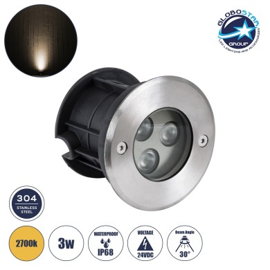 GLOBOSTAR® UNDERWATERHUNI 90414 Υποβρύχιο Χωνευτό Σποτ για Σιντριβάνια-Πισίνες LED 3W 270lm 30° DC 24V Αδιάβροχο IP68 Θερμό Λευκό 2700K Dimmable - Bridgelux SMD Chip - Ανοξείδωτο Ατσάλι 304 - Μ10 x Π10 x Υ7.5cm - Q9.5cm - 3 Χρόνια Εγγύηση