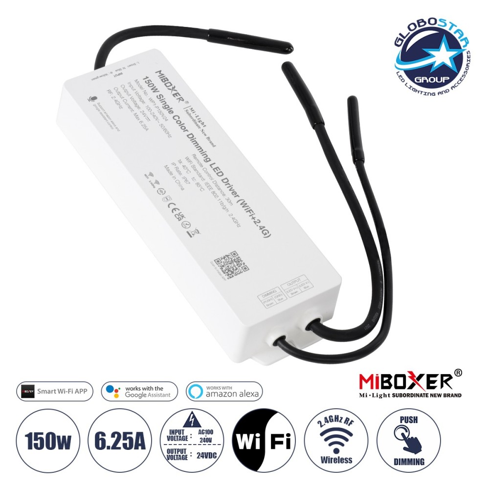 GloboStar® 71438 WP1-P150V24 Mi-BOXER DC Smart Wifi & RF 2.4Ghz & Push Dimming Power Supply Τροφοδοτικό SELV & Controller - Dimmer All in One AC100-240V σε DC 24V 1 x 6.25A 150W - Max 6.25A 150W - Αδιάβροχο IP67 Μ22.5 x Π7 x Υ3.5cm - 3 Years Warranty