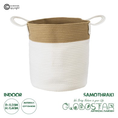 GloboStar® Artificial Garden SAMOTHRAKI 20199 Διακοσμητικό Πλεκτό Καλάθι - Κασπώ Γλάστρα - Flower Pot  Μπεζ με Λευκό Π35cm x Υ40cm