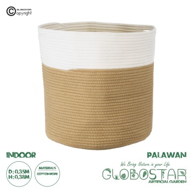 GloboStar® Artificial Garden PALAWAN 20201 Διακοσμητικό Πλεκτό Καλάθι - Κασπώ Γλάστρα - Flower Pot  Μπεζ με Λευκό Π35cm x Υ38cm