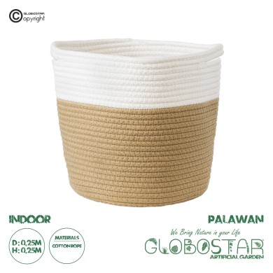 GloboStar® Artificial Garden PALAWAN 20203 Διακοσμητικό Πλεκτό Καλάθι - Κασπώ Γλάστρα - Flower Pot  Μπεζ με Λευκό Π25cm x Υ25cm
