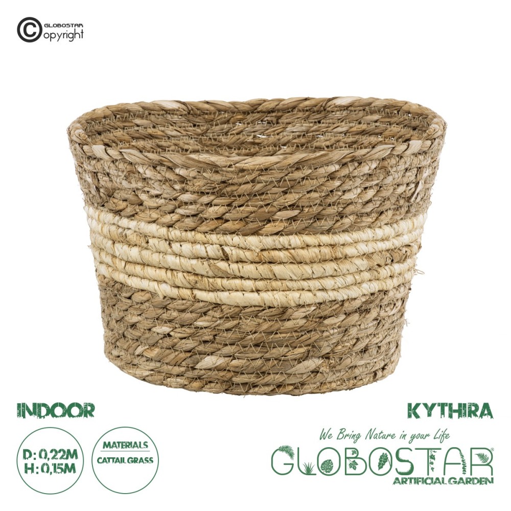 GloboStar® Artificial Garden KYTHIRA 20273 Διακοσμητικό Πλεκτό Καλάθι - Κασπώ Γλάστρα - Flower Pot Μπεζ με Λευκό Φ22cm x Υ15cm