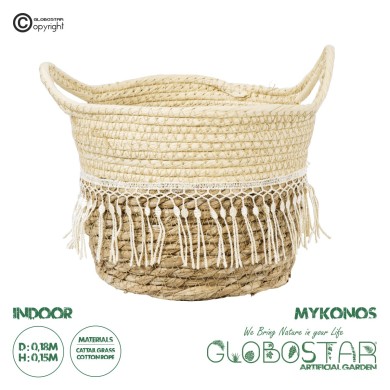 GloboStar® Artificial Garden MYKONOS 20278 Διακοσμητικό Πλεκτό Καλάθι - Κασπώ Γλάστρα - Flower Pot Μπεζ με Μακραμέ Φ18cm x Υ15cm