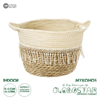GloboStar® Artificial Garden MYKONOS 20280 Διακοσμητικό Πλεκτό Καλάθι - Κασπώ Γλάστρα - Flower Pot Μπεζ με Μακραμέ Φ25cm x Υ19cm