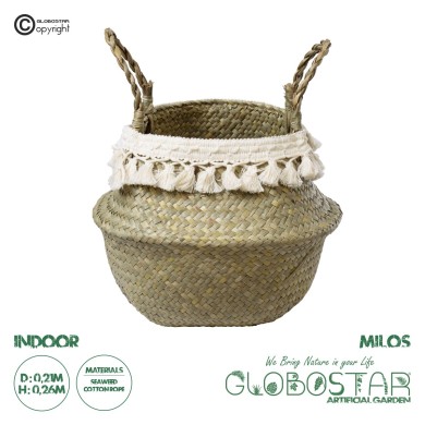 GloboStar® Artificial Garden MILOS 20307 Διακοσμητικό Ψάθινο Καλάθι - Κασπώ Γλάστρα - Flower Pot Μπεζ με Μακραμέ Φ21cm x Υ26cm
