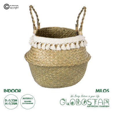 GloboStar® Artificial Garden MILOS 20308 Διακοσμητικό Ψάθινο Καλάθι - Κασπώ Γλάστρα - Flower Pot Μπεζ με Μακραμέ Φ32cm x Υ28cm