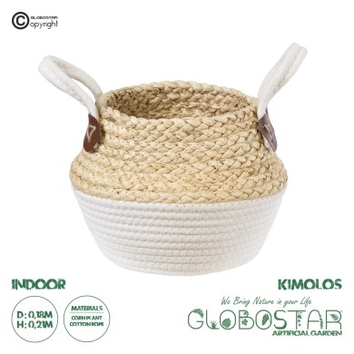 GloboStar® Artificial Garden KIMOLOS 20309 Διακοσμητικό Πλεκτό Καλάθι - Κασπώ Γλάστρα - Flower Pot Μπεζ με Λευκό Φ18cm x Υ21cm