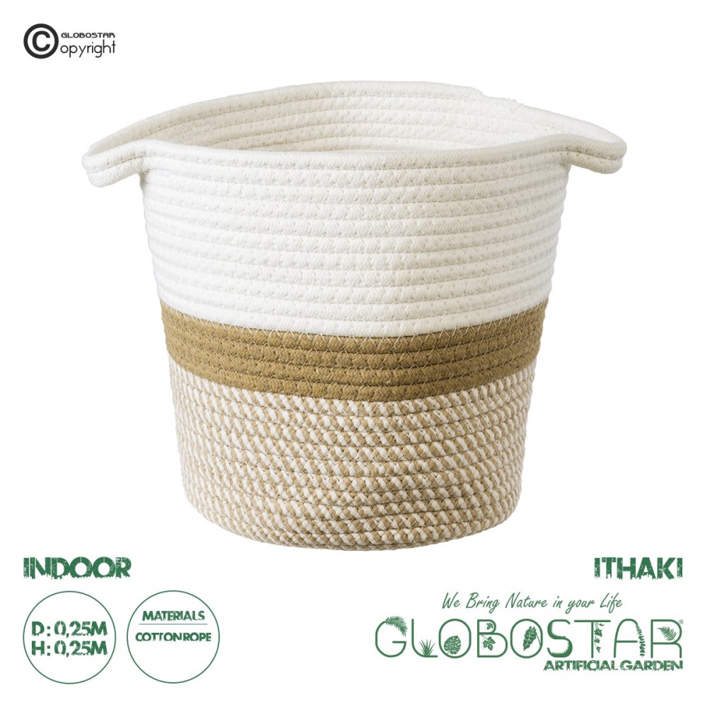 GloboStar® Artificial Garden ITHAKI 20324 Διακοσμητικό Πλεκτό Καλάθι - Κασπώ Γλάστρα - Flower Pot Καφέ με Λευκό Φ25cm x Υ25cm