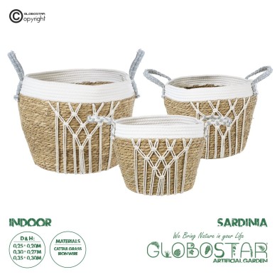 GloboStar® Artificial Garden SARDINIA 20335 ΣΕΤ 3 Διακοσμητικά Πλεκτά Καλάθια - Κασπώ Γλάστρες - Flower Pots Μπεζ με Μακραμέ A:Φ25cm x Υ20cm B:Φ30cm x Υ27cm C:Φ35cm x Υ30cm